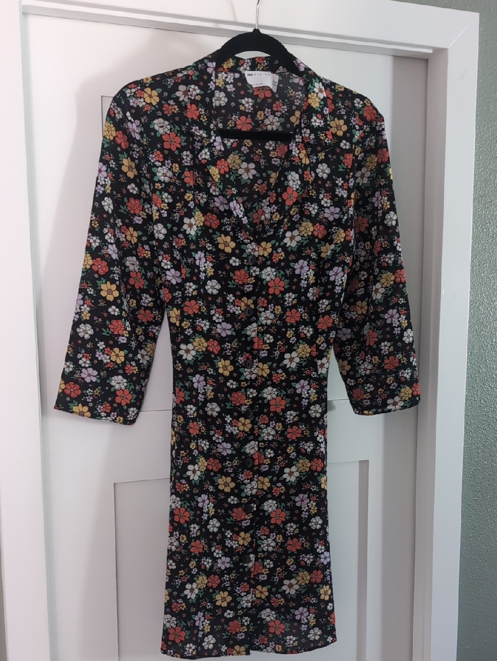 Asos Floral Collared Button-Front Black Dress with Multicolor Blooms Tie Back